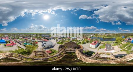 360 degree panoramic view of aerial full seamless spherical hdri 360 panorama over ruined abandoned church with arches without roof in equirectangular projection with zenith and n