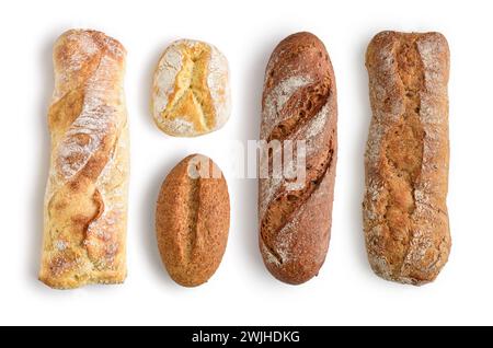 Assorted bakery products including loafs of bread,  baguette and rolls  isolated on white, top view Stock Photo