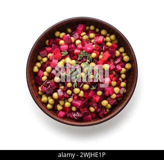 Vinegret - traditional Russian vegetable salad in bowl isolated on white background, top view Stock Photo