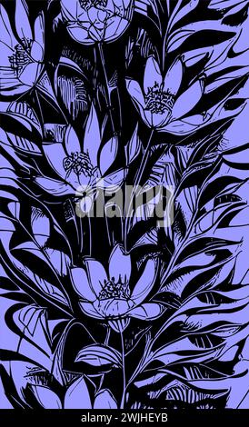 blue graphic contour drawing of a bouquet of flowers on a black background, design Stock Photo
