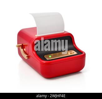 Small red printer for printing labels isolated on white background. Stock Photo