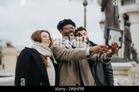 Three stylish young business entrepreneurs smile while taking a selfie with a tablet on a city street, showcasing remote work and teamwork. Stock Photo