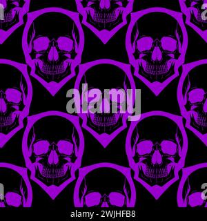 seamless symmetrical pattern of purple human skulls on a black background, texture, design Stock Photo