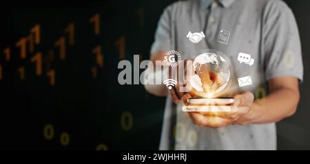 Global internet connection concept. Internet usage worldwide in everyday life. A man hand holds virtual globe with internet icons linked or connected Stock Photo
