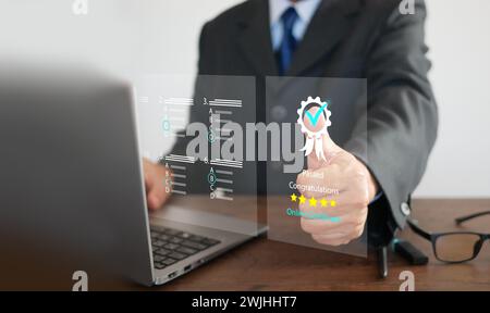 Online certification evaluation concept. A man takes assessment for digital certificate, questionnaire, survey, or examination. Multiple choices filli Stock Photo