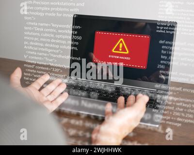 Cyber security concept. System hacked warning alerts on a computer notebook screen. Cybercrime, virus, online hacking, cyber attack, malicious malware Stock Photo