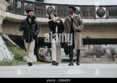 Three joyful business teammates walking in the city during winter, chatting and laughing under a bridge, showcasing stylish winter fashion. Stock Photo
