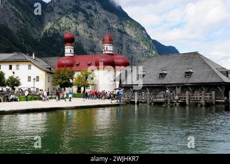 Sankt Bartholomae, St. Bartholomew's Church at lake Koenigssee, Berchtesgaden National Park, Bavaria, Germany Stock Photo