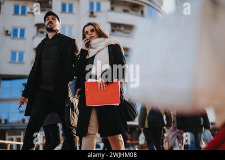Two young, stylish business partners walk and talk with determination in a bustling cityscape, exuding confidence and strategic thinking. Stock Photo