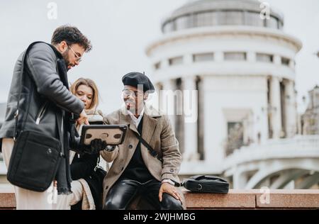 Three young business people collaborating with a tablet in an urban city setting, symbolizing remote work and entrepreneurship. Stock Photo