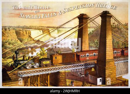 Vintage AMerican Train travel poster.  GWR steam train crossing the Suspension Bridge over Niagara Fall. c1930s Stock Photo