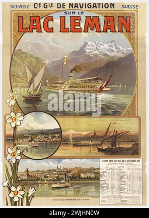 Vintage travel poster. Poster with the schedule of the boats on Lake Geneva (Leman in French), with various sceneries of the boats on the lake.  Switzerland 1920s. Stock Photo