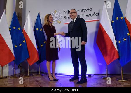 European Parliament President Roberta Metsola Visit to Warsaw. Poland s Minister of Justice Adam Bodnar R welcomes the president of the European Parliament Roberta Metsola L in Warsaw, Poland on February 15, 2024. Warsaw Poland Copyright: xAleksanderxKalkax Stock Photo