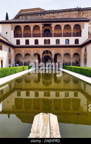 Myrtle courtyard with water basin, arabesque Moorish architecture, Patio de los Arrayanes, Comares Palace, Nasrid Palaces, Alhambra, Granada Stock Photo