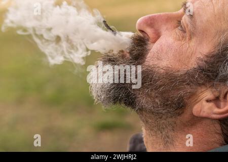 Close-up of a bearded man in profile smoking a marijuana cigarette and puffing out smoke Stock Photo