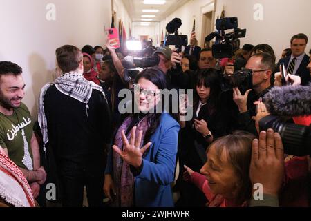 United States Representative Rashida Tlaib (Democrat of Michigan) meets with Pro-Palestinian protesters demonstrating for a ceasefire with Israel outside her office in the Rayburn House Office Building, in Washington DC, on Thursday, February 15, 2024. Credit: Aaron Schwartz/CNP /MediaPunch Stock Photo