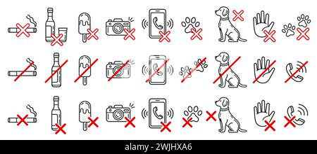 Prohibition sign, no dog animal allowed, smoking, forbidden pet entry, food and drink, do not touch, use mobile phone, photo camera line icon. Vector Stock Vector