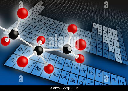 Molecule structure and periodic table of elements. Digital illustration. Stock Photo