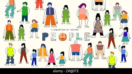 Colourful and abstract community character people made from lines and collage shapes. Vector illustration Stock Vector