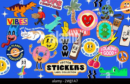 Large Mix of assorted modern cute character stickers and message labels. Vector illustration collection Stock Vector