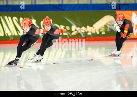 Calgary, Canada. 15th Feb, 2024. CALGARY, CANADA - FEBRUARY 15: Chong Pei of China, Ruining Tian of China and Wenjing Jin of China competing on the Women's Team Sprint during the ISU World Speed Skating Single Distances Championships at Olympic Oval on February 15, 2024 in Calgary, Canada. (Photo by Andre Weening/Orange Pictures) Credit: Orange Pics BV/Alamy Live News Stock Photo