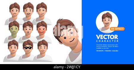 A 3D effect vector male character avatar cartoon set with various feelings and expressions. Stock Vector