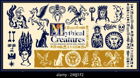 A collection of medieval linocut style engraved mythical creatures and legends. Vector illustration Stock Vector