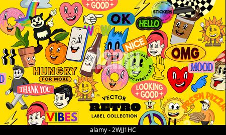 A collection of retro cartoon characters and mood stickers! Vector illustration Stock Vector