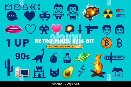 A collection of 8/16 bit retro 90's pixel characters, letters and icons symbols. Stock Vector