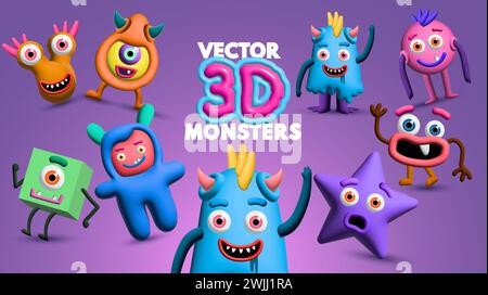 A collection of playful and fun 3D style vector monster characters. Vector illustration Stock Vector