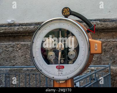 Austria, Salzburg - 01.13.2024: Retro scales in the old part of the city of Salzburg Stock Photo