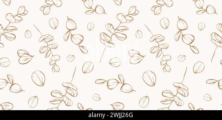 Botanical line seamless pattern of a eucalyptus leaves branch for wedding invitation and cards, textile products, web, wrapping paper and poster, temp Stock Vector