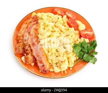 Plate of tasty omelette with bacon on white background Stock Photo