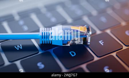 Internet LAN cable on laptop keyboard. 3d rendering Stock Photo