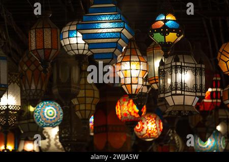 Arabic traditional Ramadan Kareem eastern lanterns garland, Muslim ornamental hanging lanterns Stock Photo