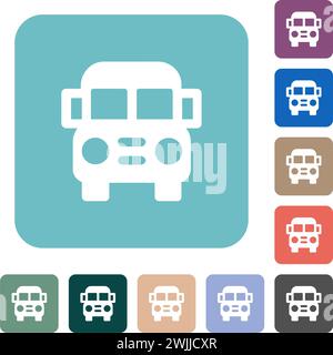 school bus front view solid white flat icons on color rounded square backgrounds Stock Vector