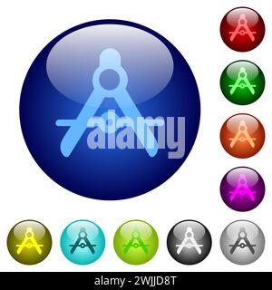 Protractor solid icons on round glass buttons in multiple colors. Arranged layer structure Stock Vector