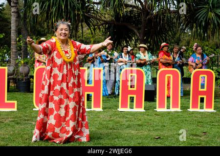 Honolulu, Hawaii, USA. 15th Feb, 2024. The Council for Hawaiian Advancement has rekindled the defunct Kodak Hula Show with some of the same musicians and dancers from the original show which closed in 2002 after running 65 years. LEIMOMI HO a dancer and kumu hula (teacher) from the original Kodak show dances this morning. (Credit Image: © J. Matt/ZUMA Press Wire) EDITORIAL USAGE ONLY! Not for Commercial USAGE! Stock Photo