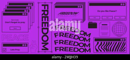 distorted y2k 90s funky groovy design control technology digital error bug effect with text freedom and peace purple color Stock Vector