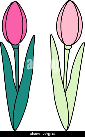 Set of 2 tulips flower in trendy bright and pale marker shades. Design elements for card or greeting. Isolate. EPS. Vector for pointer, poster, banner, brochure, billboard, promo or web, price, label Stock Vector