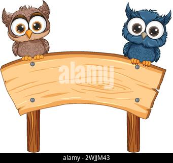 Two cartoon owls perched on a blank sign. Stock Vector