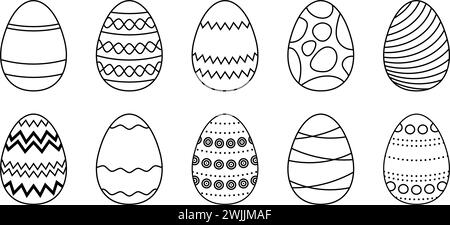 Black and white Easter eggs set. Spring linear egg icons with different pattern decoration. Doodle style Easter illustration bundle for card, invitation, print, sticker, banner, poster. Vector pack Stock Vector