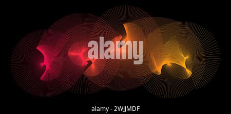 Neon radiating spiral shape pattern. Abstract spreading rotating lines. Yellow orange red spinning circle on black background. Futuristic cloud concept. Digital aurora or moire effect. Vector backdrop Stock Vector
