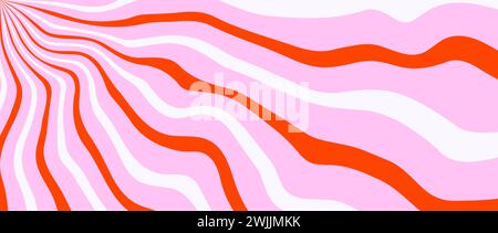 Red pink trippy burst line background. Psychedelic wavy stripe wallpaper. Groovy twisted sunburst swirl. Distorted curly wave texture design for poster, banner, flyer, cover, print. Vector backdrop Stock Vector