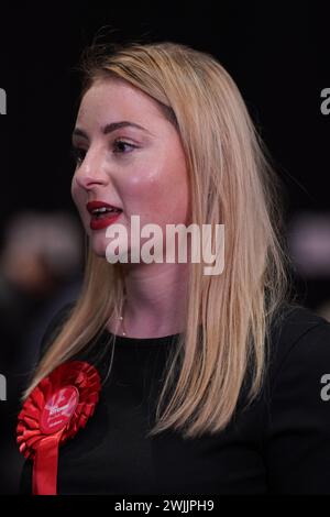 Labour Party candidate Gen Kitchen after being declared winner in the Wellingborough by-election at the Kettering Leisure Village, Northamptonshire. Stock Photo