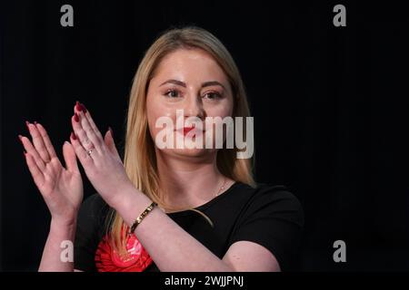 Labour Party candidate Gen Kitchen after being declared winner in the Wellingborough by-election at the Kettering Leisure Village, Northamptonshire. Stock Photo