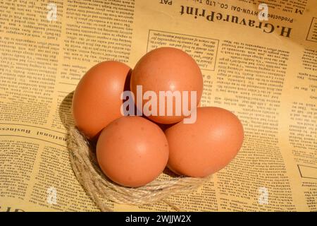 May 25, 2023, Photo of 3 chicken eggs arranged with copyspace for template, Wonosobo, Indonesia Stock Photo