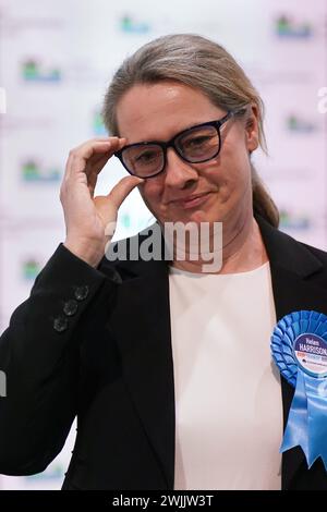 Conservative Party candidate Helen Harrison during the Wellingborough by-election at the Kettering Leisure Village, Northamptonshire. Stock Photo