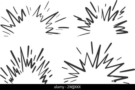 Cartoon boom effect. Vector comic bomb explosion. Doodle energy hit, speed crash with sparks. Power action elements set for manga and anime Stock Vector