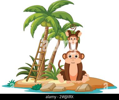 Two monkeys relaxing under palm trees on an island. Stock Vector